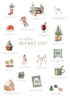 the winter bucket list is shown with pictures and other things to put on it's back