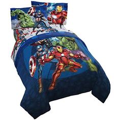 the avengers bedding set is made up with blue sheets and pillowcases,