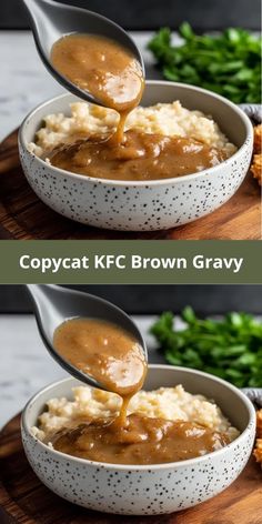 two pictures showing how to make copycat kfc brown gravy in a bowl