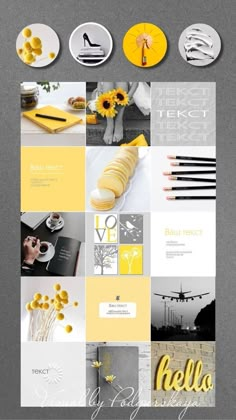 a collage of yellow and white photos