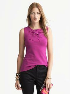 Banana Republic Ponte Knit Bow Top, $49.50 Chic Fitted Tank Top With Bow, Fitted Sleeveless Tank Top With Bow, Elegant Sleeveless Top With Bow Tie Back, Elegant Spring Tank Top With Bow, Elegant Bow Tank Top For Spring, Sleeveless Bow Tank Top For Party, Party Sleeveless Tank Top With Bow, Sleeveless Party Tank Top With Bow, Chic Party Tank Top With Bow Detail