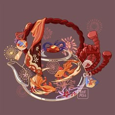 a tea pot filled with goldfish and other items on top of a purple background