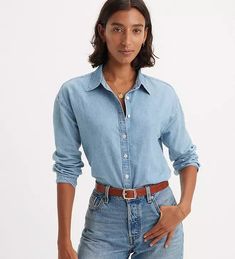 Odessa Long Sleeve Shirt - Light Wash | Levi's® US Levis Shirt Outfit Women, Medium Wash Relaxed Fit Button-up Shirt, Effortless Everyday Top With Spread Collar, Effortless Everyday Tops With Spread Collar, Classic Levi's Shirt For Fall, Classic Shirt With Buttons For Casual Gatherings, Levi's Classic Spring Tops, Casual Button-up Shirt With Button Closure, Timeless Fall Button-up Tops