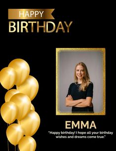 a birthday card with gold balloons and a woman's face in the center, on a black background