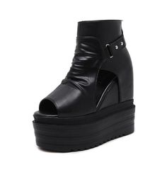 Department Name: Adult Item Type: Boots With Platforms: Yes Heel Height: Super High (8cm-up) Outsole Material: Rubber Platform Height: 3-5cm Season: Summer Insole Material: PU Closure Type: ZIP Lining Material: PU is_handmade: Yes Fashion Element: Rivet Brand Name: Gdgydh Fit: Fits true to size, take your normal size Toe Shape: Peep Toe Shaft Material: PU Boot Type: Basic Boot Height: Ankle Pattern Type: Solid Heel Height: 12cm Leather Style: Soft Leather Platform Height: 5.5cm Punk Boots With Chunky Platform For Spring, Black High Heel Martin Boots In Synthetic Material, Spring High-top Heeled Boots With Reinforced Heel, Punk Style Ankle Platform Boots For Spring, Black High-top Boots For Spring, Black Round Toe Wedge Boots For Spring, Black High Ankle Wedge Boots For Spring, Black Round Toe Summer Boots, Black Platform Wedge Boots For Summer