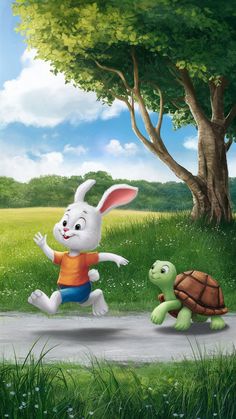 a rabbit running next to a tortoise on a road near a tree and grass field