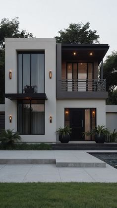 a white house with black windows and balconies on the second floor is lit up at night