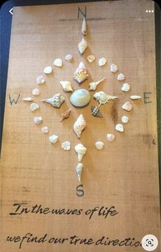 a wooden sign with shells on it that says in the waves of life we find our true direction