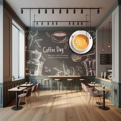 a coffee shop with chalkboard walls and wooden floors