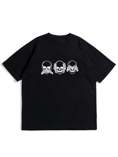 Elevate your summer style with our Men's Skull Print Black Short Sleeve T-Shirt. Made with a high-quality cotton blend, this shirt features a unique skull print design that adds a touch of edginess to any outfit. Perfect for a casual and cool look, this t-shirt will make you stand out from the crowd. Color : Black Style : Casual Pattern Type : Halloween Neckline : Round Neck Sleeve Length : Short Sleeve Sleeve Type : Regular Sleeve, Drop Shoulder Length : Regular Fit Type : Loose Fabric : Slight Skull Screen Print T-shirt For Concerts, Skull Print Crew Neck T-shirt For Streetwear, Alternative Skull Graphic Print T-shirt, Edgy Skull Graphic Print T-shirt, Punk Skull Print T-shirt For Summer, Edgy Skull Print Relaxed Fit T-shirt, Cotton Grunge T-shirt With Skull Print, Black Punk T-shirt With Skull Print, Punk Black T-shirt With Skull Print