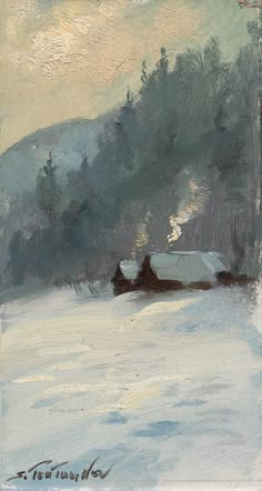 a painting of a snowy landscape with trees in the background