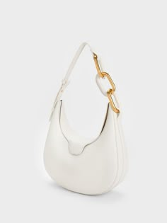 White Kora Metallic-Accent Moon Bag Charles And Keith Bags White, White Summer Bag, White Bag Outfit, Charles Keith Bags, Charles And Keith Bags, Women Hand Bags, Purse Aesthetic, Purse Luxury, Expensive Bag