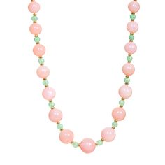 18 karat yellow gold Pink Opal 195 carats approx. Chrysoprase 25 carats approx. Length 23 inches 18k gold Roundels Circle Clasp with Diamonds Strung on Silk Luxury Pink Gemstone Beads Jewelry, Jade Gemstone Beaded Necklace With Round Beads, Jade Gemstone Beaded Necklaces With Round Beads, Jade Gemstone Beads Necklaces, Formal Jade Jewelry With Round Beads, Gold Jade Necklaces With Polished Beads, Formal Fine Jewelry Jade Necklace, Emerald Necklace With Chrysoprase Round Beads, Luxury Yellow Gold Jade Necklaces