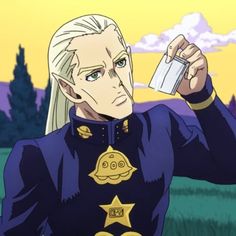 an anime character holding a glass in his hand