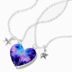 Your friendship with your bestie is out of this world! Share that bond in matching style with this pair of best friends necklaces. You can each wear one-half of a galaxy-inspired heart, decorated with starry glitter, plus a dainty BFF star charm. Pack Size: 2 Finish: Silver-tone Length: 16" + 3" extender Closure: Lobster clasp Material: Metal - Claire's Best Friends Galaxy Split Heart Pendant Necklaces (2 Pack) Trendy Friendship Necklace For Valentine's Day, Best Friends Necklaces, Bff Jewelry, Bff Bracelets, Pretty Jewelry Necklaces, Bff Necklaces, Sister Jewelry, Friend Jewelry, Best Friend Jewelry