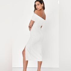 Gorgeous, Classic Off-The-Shoulder White Dress Perfect For So Many Occasions! This Dress Is So Flattering And Great For Vacations, Cocktail Parties Or Bridal Events! New With Tags And Has Been Kept In A Smoke-Free Home! Chic White Off-shoulder Strapless Dress, White Midi Off Shoulder Dress For Brunch, White Midi-length Off Shoulder Dress For Brunch, White Off-shoulder Midi Dress For Brunch, White Midi Length Off Shoulder Dress For Brunch, Chic White Off-shoulder Dress With Straight Neckline, White Fitted Off-shoulder Evening Dress, White Off-shoulder Midi Dress For Formal Occasions, Formal White Off-shoulder Midi Dress