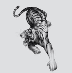 a black and white drawing of a tiger leaping in the air with it's mouth open