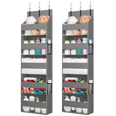 two gray shelving units with various items on them