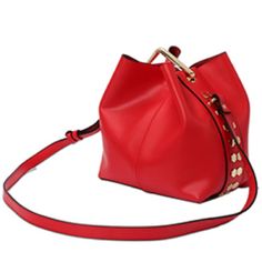 - Geniune Grain Cowhide Handbag - Hand Quality Top Stitching - Gold Tone Metal Decorative Accents - Metal Feet To Protect Bottom Of Bag - 20" Drop Adjustable Leather Strap - Dimensions: L 10" X W 6" X H 9" Red Bucket Bag With Large Capacity And Top Handle, Trendy Red Top Handle Bucket Bag, Luxury Red Pouch Box Bag, Red Top Handle Shoulder Bag With Removable Pouch, Modern Red Bag With Adjustable Strap, Red Luxury Box Bag With Large Capacity, Luxury Large Capacity Red Box Bag, Modern Red Shoulder Bag With Removable Pouch, Modern Red Crossbody Bag