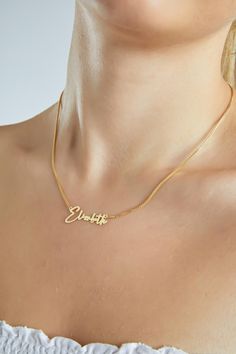 GOLD NAME NECKLACE  NAME PLATE NECKLACE 📌 Handmade  item 📌Materials: Gold, Silver, Rose gold , Stainless steel 📌Free Shipping over 35$ 📌Waterproof 📌Hypoallergenic You can wear gym, pool, shower or everywhere . 📌Anti tarnish  📌 If you like things dainty, you just found your new favorite necklace. HOW TO ORDER In the 1st drop down menu , select the option that has chain length Simply use the 'PERSONALIZED BOX' TO let us know the NAME that you would like . OTHER INFORMATION The length option Name Plate Gold Chain, Gold Name Necklace With Adjustable Pendant, Gold Plated Name Necklace With Clavicle Chain, Gold Pendant Name Necklace With Adjustable Chain, Gold Plated Name Necklaces, Elegant Gold Chain Necklace With Custom Name, Gold Name Pendant Charm Necklaces, Gold Pendant Charm Necklace With Name, Gold Pendant Name Necklace With Delicate Chain