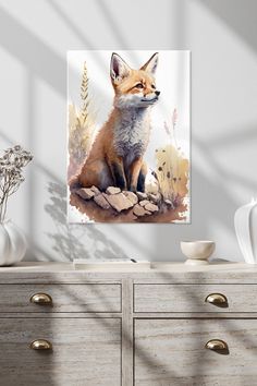 a painting of a fox sitting on top of a rock