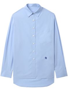 sky blue cotton poplin texture appliqué logo classic collar front button fastening drop shoulder shirt sleeves chest patch pocket rear curved hem Ader Error Logo, Unstructured Blue Shirt With Button Closure, Blue Button Closure Shirt For Streetwear, Ader Error Tshirt, Ader Error, Drop Shoulder Shirt, Checkered Shirt, Versace Outfit, Shirt Sleeves