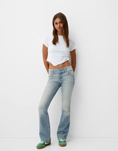 Low waist boot-cut jeans - Jeans - BSK Teen | Bershka Denim Jeans With Five Pockets And Flared Hem, Casual Medium Wash Jeans With Flared Hem, Casual Medium Wash Flare Jeans With Flared Hem, Casual Medium Wash Flare Jeans, Fitted Medium Wash Flared Hem Jeans, Mid-rise Stretch Flare Jeans With Five Pockets, Stretch Mid-rise Flare Jeans, Fall Flare Jeans With Five Pockets, Casual Flare Jeans With Flared Hem