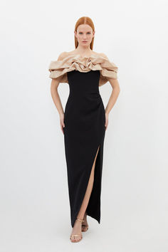 Structured Crepe Taffeta Ruffle Bardot Maxi Dress Taffeta Evening Dress With Ruffles For Gala, Glamorous Floor-length Taffeta Dress, Taffeta Evening Dress With Ruffles For Party, Elegant Taffeta Maxi Dress For Party, Elegant Taffeta Evening Dress With Ruffles, Taffeta Maxi Evening Dress, Evening Taffeta Floor-length Maxi Dress, Evening Taffeta Maxi Dress, Chic Taffeta Evening Dress