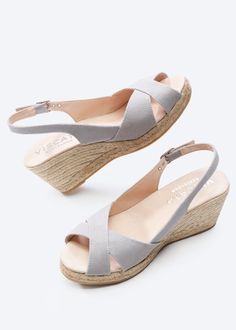 These stylish and flirty Llansa canvas wedges have a flattering slingback heel, an elegant buckle and soft cotton, 100% organic canvas for a comfortable, luxurious fit. And with a gorgeous 2 ½” heel, they’re comfortable enough to get you from sunny days to stylish nights. TOP TIP: STYLING Sexy and stylish, these handmade espadrille wedges feature eco-friendly jute soles for natural breathability, the perfect party shoes for those hot summer evenings. TOP TIP: SIZING If you are an in-betweener tr Heels 2 Inch, Medium Wedges, Sell Shoes, Sandal Wedges, Comfortable Wedges, Wedge Espadrilles, Wedges Heels, Oxford Heels, Espadrille Wedge