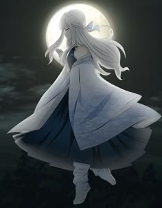 an anime character with long white hair standing in front of a full moon