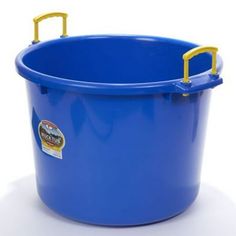 a blue plastic bucket with yellow handles