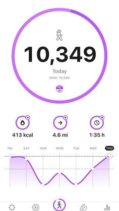 the running app is displayed in purple and white, with an arrow pointing up to 10 34