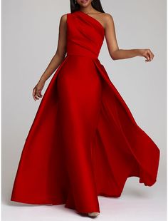 Sheath Christmas Red Green Dress Evening Gown Hot Pink Dress Wedding Guest Floor Length Sleeveless One Shoulder Satin with Overskirt Pure Color Pink Dress Wedding Guest, Pink Dress Wedding, Red Green Dress, Gown Elegant, Vestidos Color Rosa, Hot Pink Dress, Pink Wedding Dresses, Dress Wedding Guest, Mob Dresses