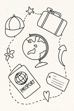 a black and white line drawing of travel related items in the shape of a circle