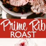 the cover of prime rib roast is shown in red and white with an image of grilled meat