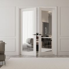 an open door leading to a living room and dining room with white walls, carpeted flooring and furniture