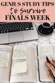 an open notebook with the title genius study tips to survive final week