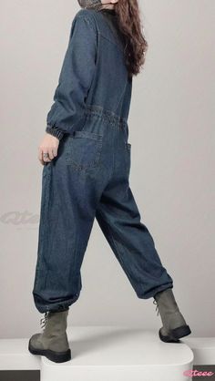 Qteee - Relaxed Fit Wide Waistband Vintage Denim Jumpsuit with Elastic Waistband Casual Dark Wash Stretch Jumpsuits And Rompers, Casual Stretch Dark Wash Jumpsuits And Rompers, Casual Winter Denim Overall Jumpsuit, Casual Denim Jumpsuit For Winter, Casual Stretch Jumpsuits And Rompers In Dark Wash, Casual Winter Denim Overalls, Stretch Denim Blue Casual Jumpsuit, Casual Stretch Denim Blue Overalls, Casual Stretch Denim Jumpsuit With Pockets