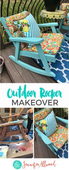 an outdoor rocking chair makeover with colorful fabric