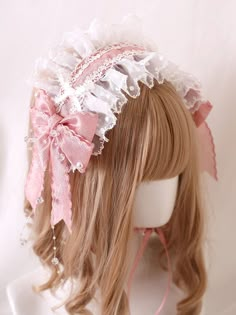 Elevate your kawaii look with our bead details pink bowknots sweet lace hairband. This adorable hair accessory features delicate lace, charming pink bowknots, and intricate bead details. It's the perfect addition to any Lolita or Kawaii outfit, adding a touch of sweetness to your ensemble.  Please note that this product includes only one hairband. Pink Head Piece, Cute Pastel Accessories, Pastel Pink Accessories, Princess Hair Accessories, Cute Pink Bow Headband As Gift, Cute White Headband With Pink Bow, Kawaii Accessories Hair, Cute White Hair Accessories With Pink Bow, Cute Pink Party Headband