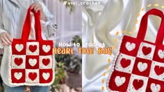 a woman is holding a crocheted heart tote bag in red and white