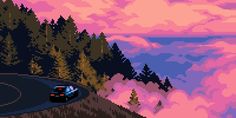 an old - school computer game with a car driving on the road and mountains in the background