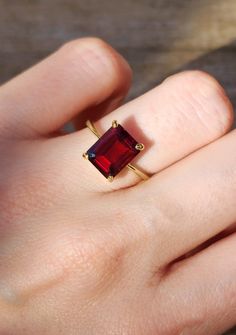 Red Stone Rings For Women, Ruby Engagement Ring Emerald Cut, Red Ruby Ring Gold, Emerald Cut Garnet Ring, Red Garnet Ring For Gift, Fine Jewelry Garnet Ring, Red Garnet Crystal Ring With Gemstone, Red Garnet Gemstone Crystal Ring, Emerald Cut Ruby Engagement Ring