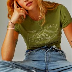 100% Cotton Washed/Broken-In Look Great With Jeans Flattering Khaki Green Green Casual Tops With Branding, Casual Green Tops With Branding, Branded Caps, Pink Floyd Dark Side, Lace Short Sleeve Top, Camo Tee, Purple Shorts, Floral Print Tops, Green Cream