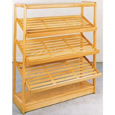 a wooden shelf with three shelves on each side