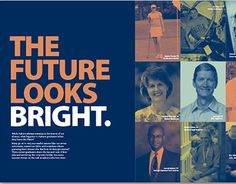 the future looks bright brochure is displayed in blue and orange colors with images of people