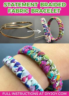 three different bracelets are shown with the words statement braided fabric bracelet