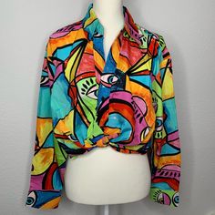 Very Colorful And Trendy Top. Super Cute And Eye Catching Top Trendy Vacation Blouse With Abstract Print, Trendy Blouse With Abstract Print For Vacation, Chic Multicolor Spring Shirt, Spring Multicolor Print Collared Blouse, Chic Multicolor Long Sleeve Shirt, Fun Multicolor Long Sleeve Shirt, Spring Collared Blouse In Multicolor Print, Collared Multicolor Print Blouse For Spring, Spring Multicolor Collared Blouse