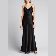 L'Agence "Serita" slip dress in silk charmeuse. V neckline. Adjustable spaghetti straps. Maxi length. Pullover style. Silk. Dry clean. Imported. Silk Maxi, Silk Maxi Dress, Silk Charmeuse, Bergdorf Goodman, Halter Formal Dress, V Neckline, Pullover Styling, Top Designers, Spaghetti Strap