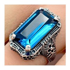 Vintage Estate 9.00 Carat London Blue Simulated Topaz Solitaire Filigree Ring. Floral Designs. 925 Solid Sterling Silver. Stamped 925. Excellent Condition/Like New. Sterling Silver Filigree, Star Ring, Filigree Ring, Blue Band, December Birthstone, Solitaire Rings, London Blue Topaz, Ring Sizes, Silver Filigree